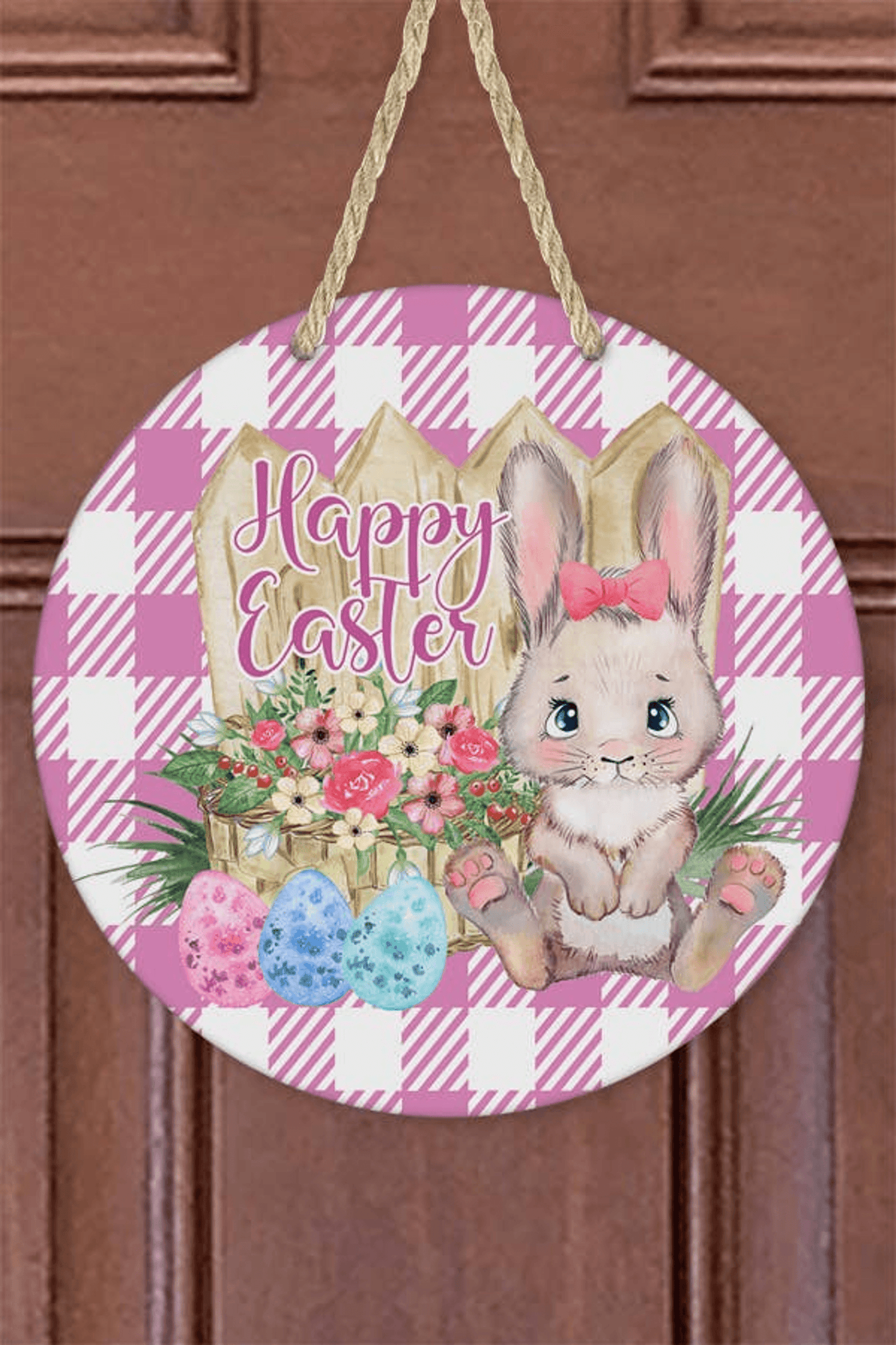 Pink Plaid Bunny Eggs Easter Door Hanger