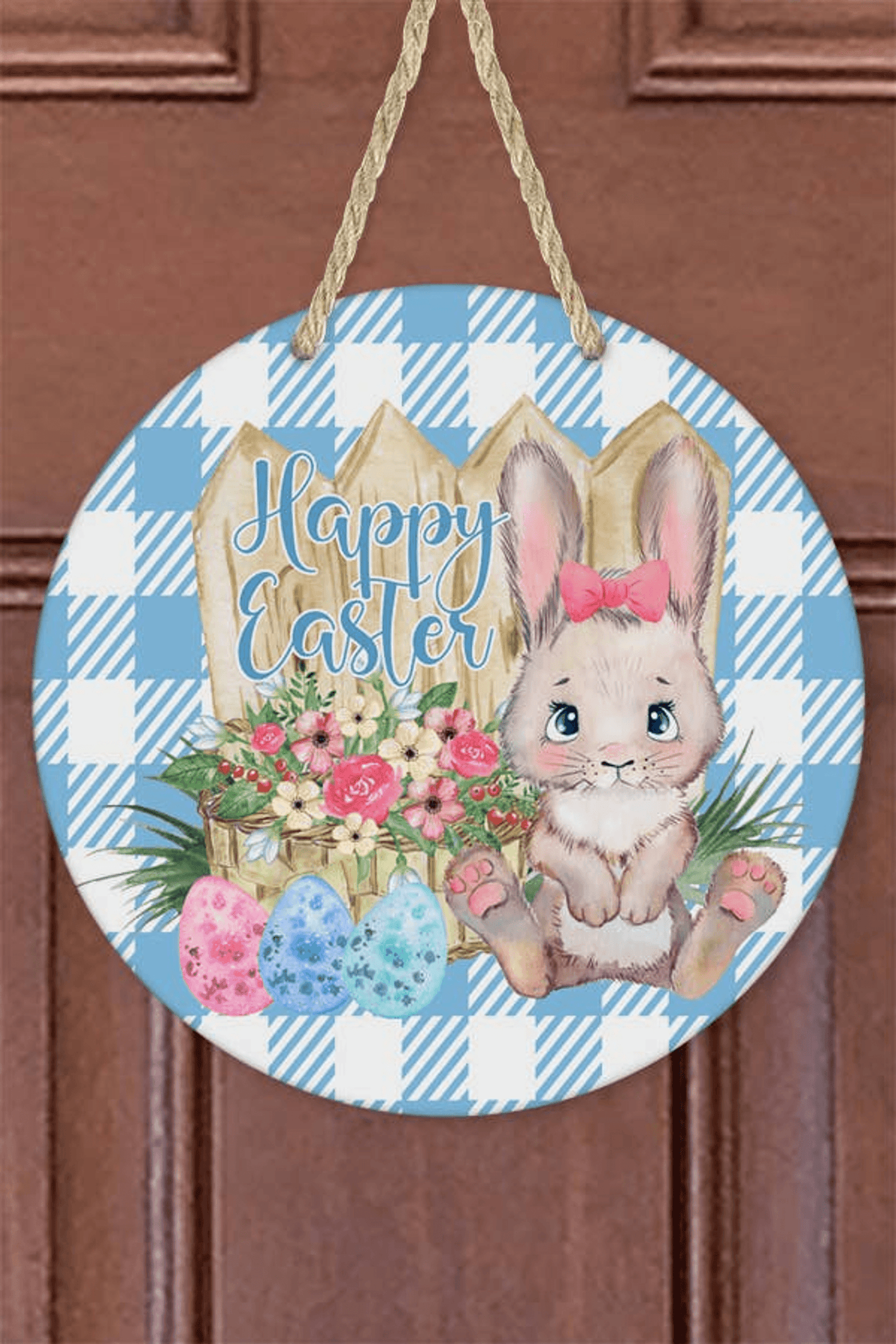 Easter Blue Plaid Bunny Eggs Door Hanger