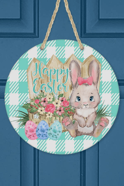 Elegant Green Plaid Bunny Eggs Door Hanger For Easter Decor