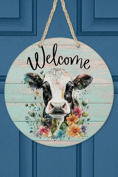 Floral Cow Welcome Wall Sign And Door Hanger