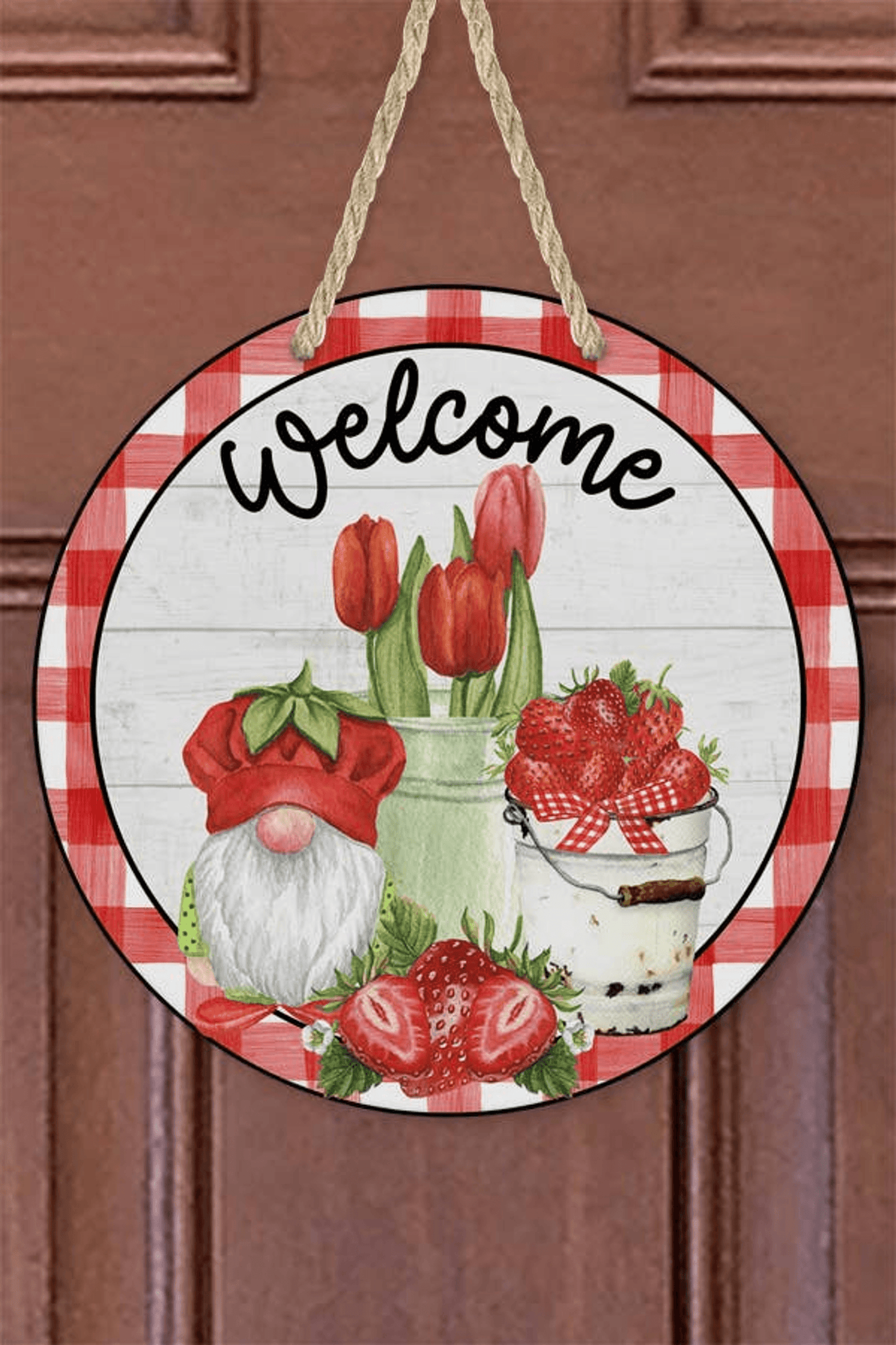 Welcome Red Gnome And Strawberries Door Hanger Sign