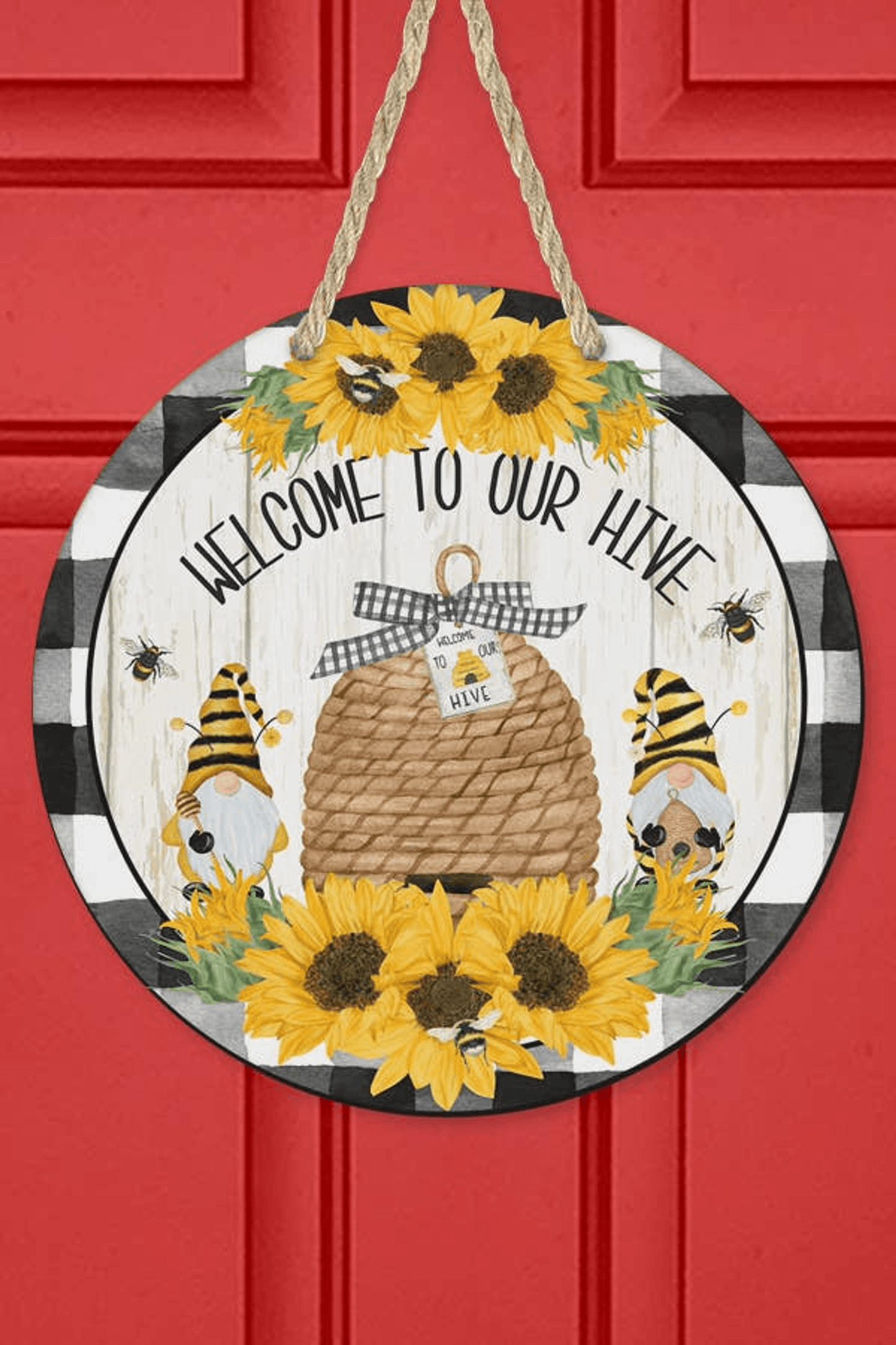 Welcome To Our Hive Gnome Sunflower Door Hanger