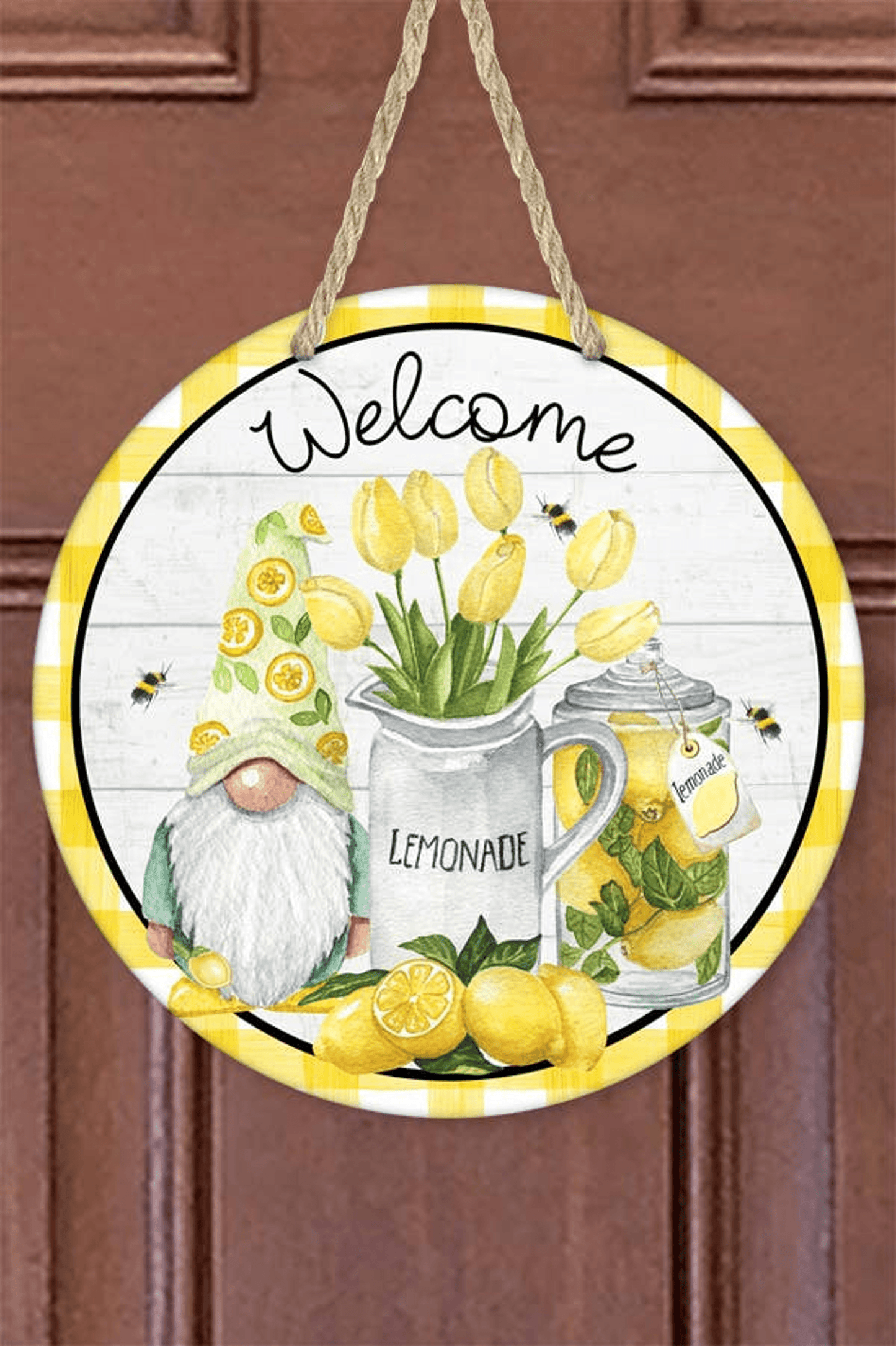 Welcome Lemon Gnome Round Wall Sign Door Hanger