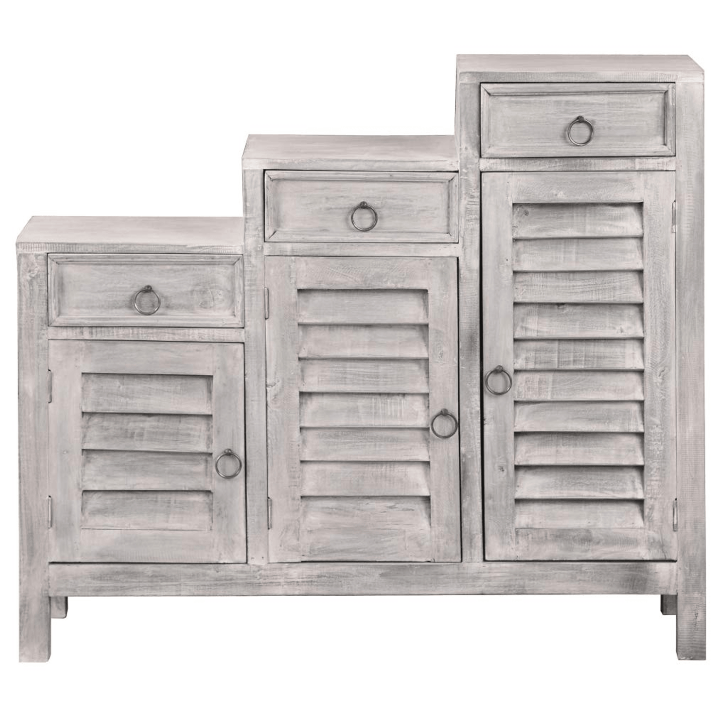 Cottage Three-Tiered Distressed Light Gray Shutter Cabinet