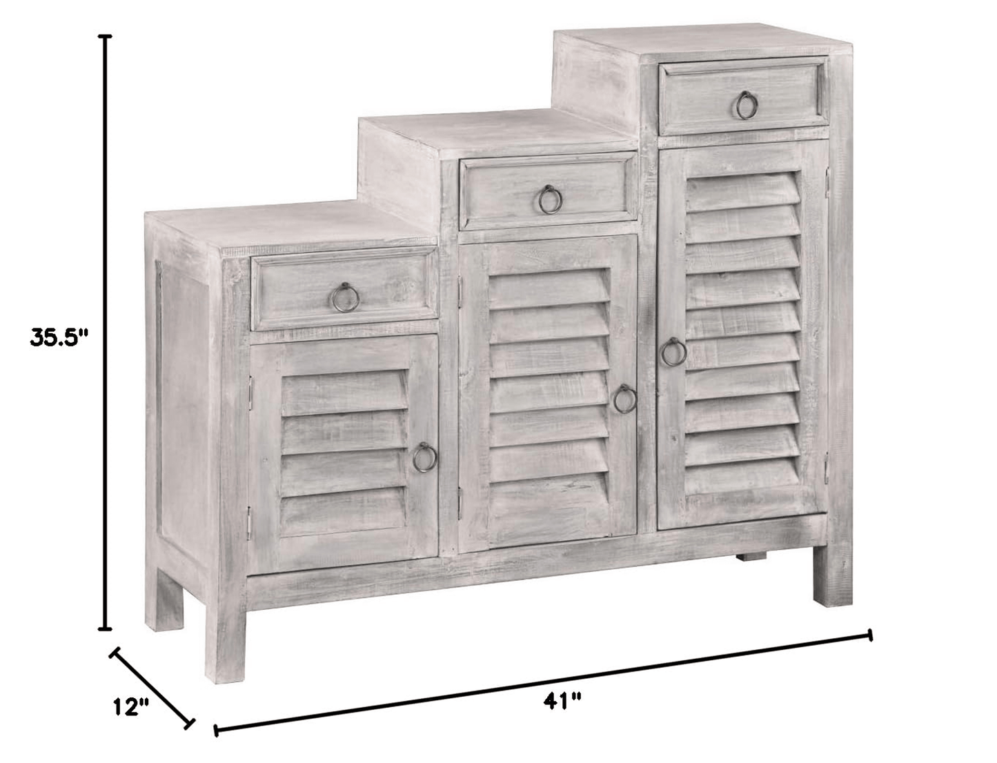 Cottage Three-Tiered Distressed Light Gray Shutter Cabinet
