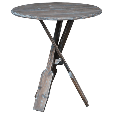 Cottage Round Boat Oar Accent Table In Distressed Brown/Blue Wood