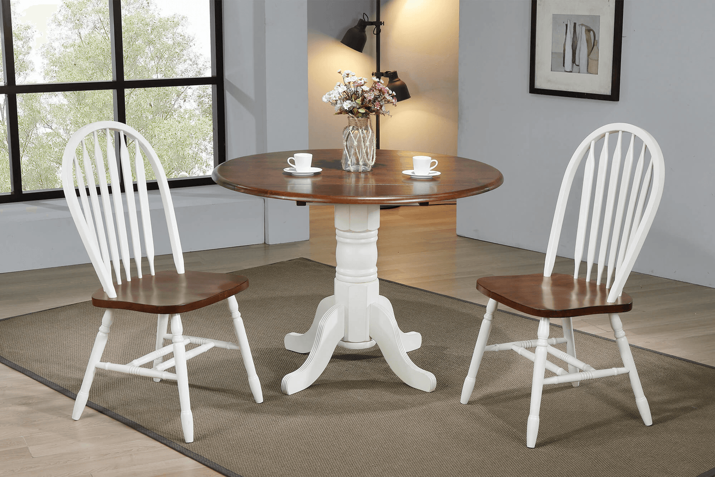 Sunset Trading Andrews Windsor Arrowback Dining Side Chair Set – Two Tone Antique White And Chestnut Brown