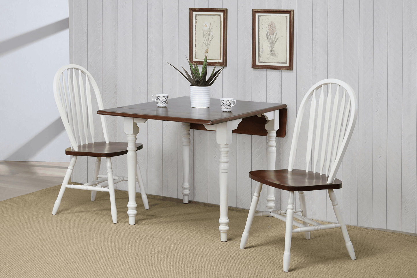 Sunset Trading Andrews Windsor Arrowback Dining Side Chair Set – Two Tone Antique White And Chestnut Brown