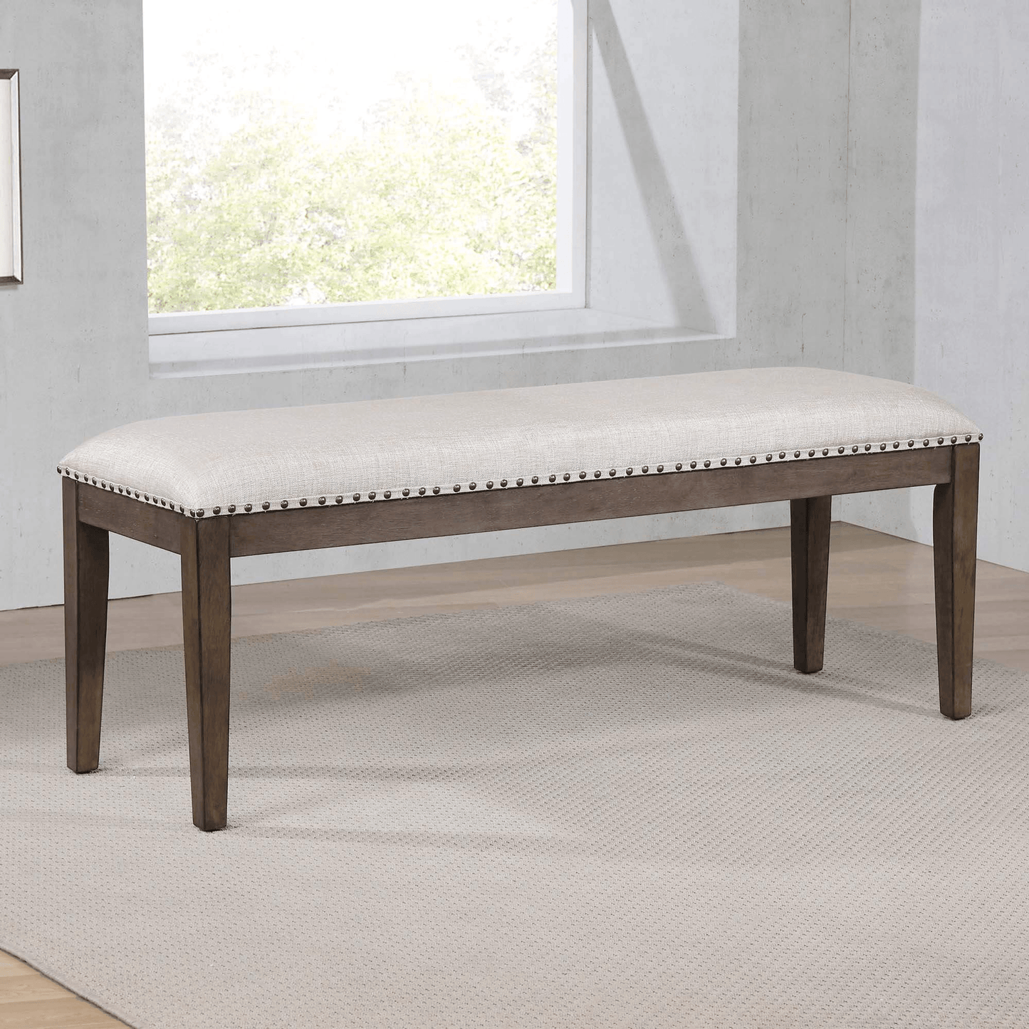 Cali 50" Upholstered Dining Bench With Nailheads In Brown Solid Wood