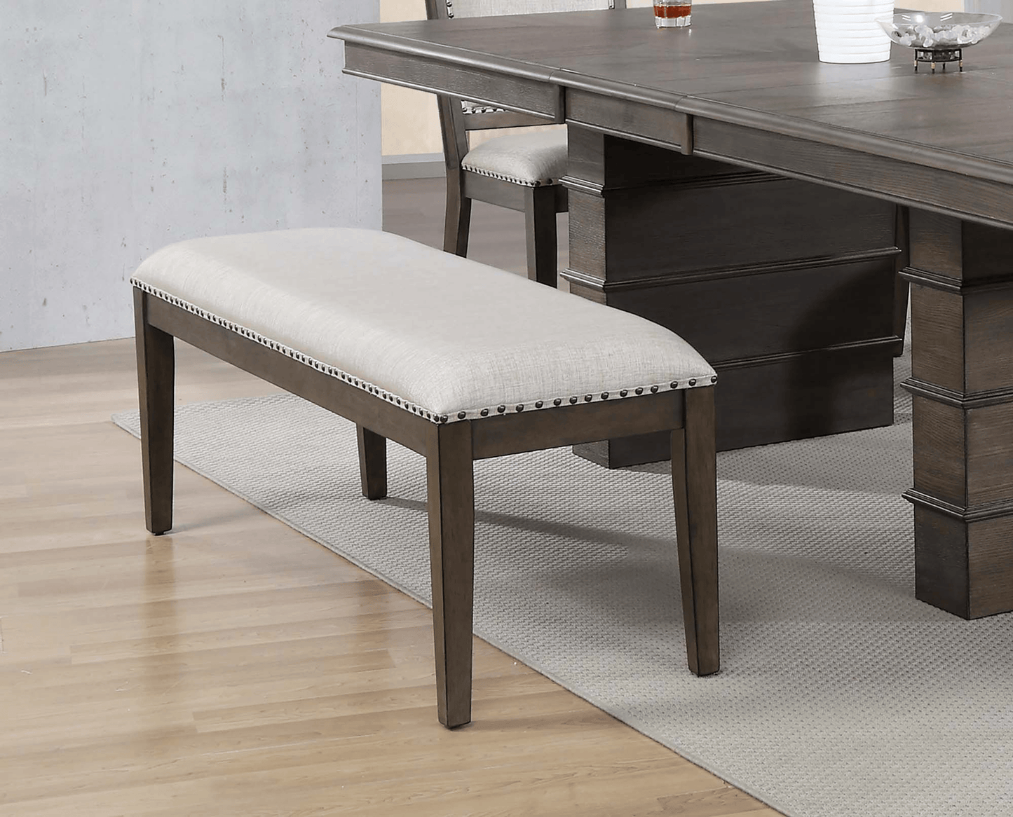 Cali 50" Upholstered Dining Bench With Nailheads In Brown Solid Wood