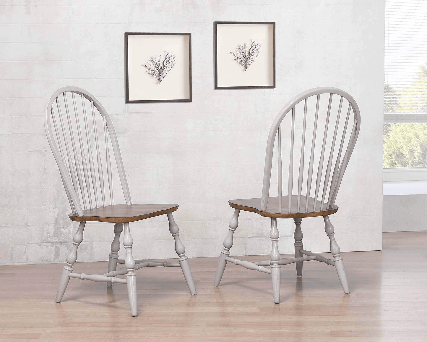 Windsor Spindleback Dining Chair Set In Distressed Gray And Brown Wood