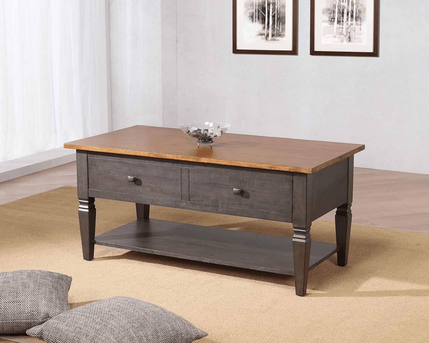 Dakota 22X44 Rectangular Coffee Table With Drawers And Shelf In Distressed Brown And Ash Gray