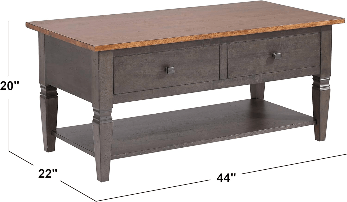 Dakota 22X44 Rectangular Coffee Table With Drawers And Shelf In Distressed Brown And Ash Gray