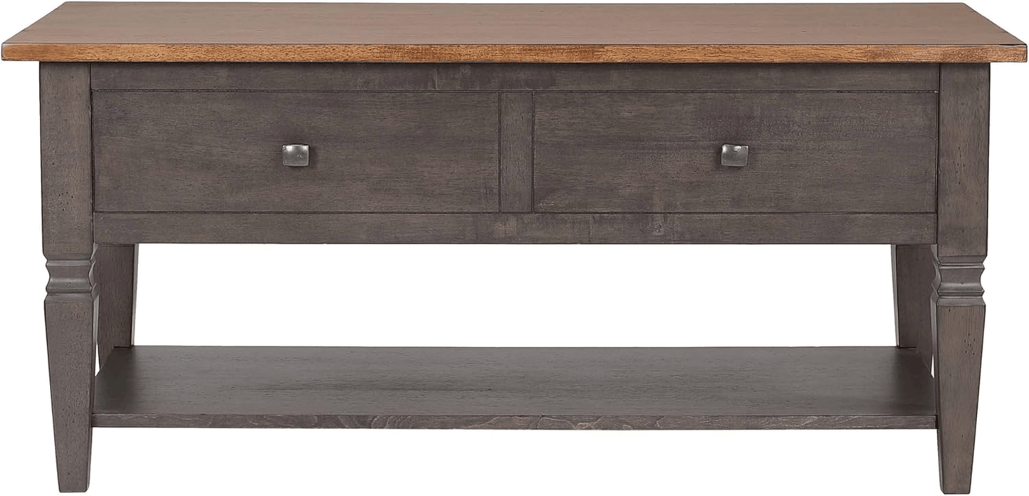 Dakota 22X44 Rectangular Coffee Table With Drawers And Shelf In Distressed Brown And Ash Gray