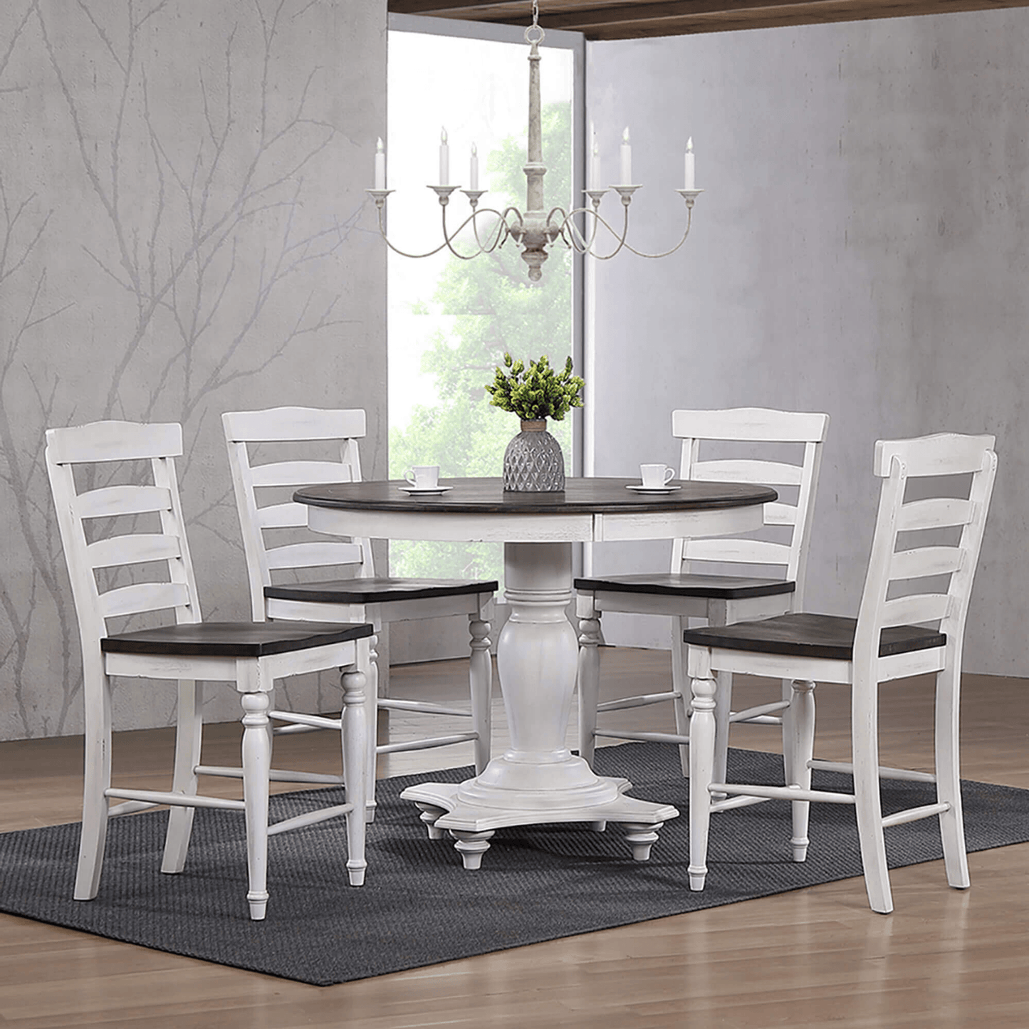 French Chic Ladder Back Barstools - Set Of 2, Two-Tone Antique White & Walnut Brown