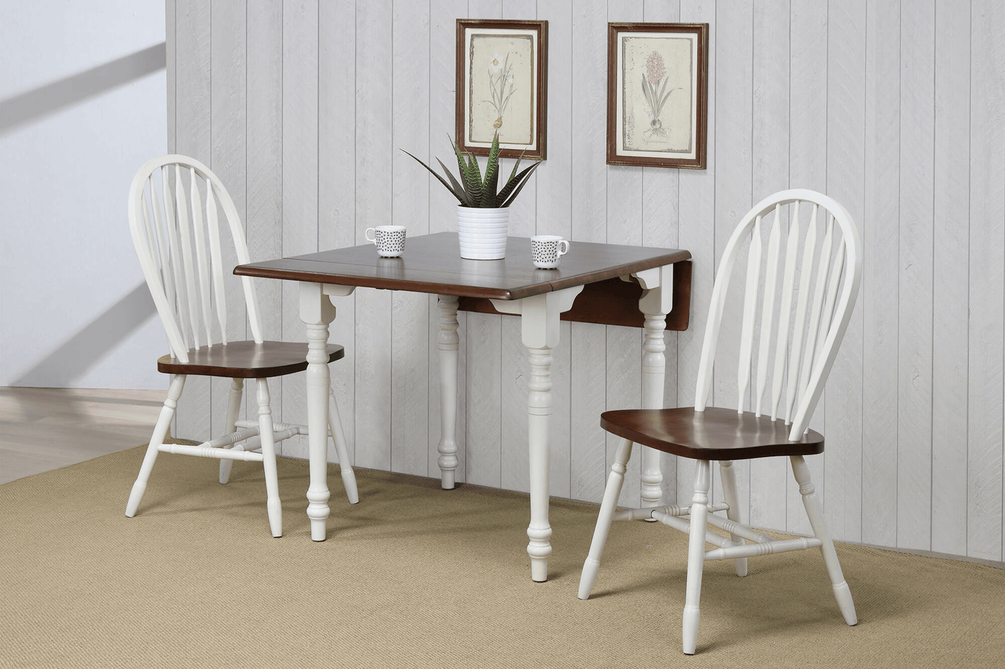 Andrews Rectangular Extendable Drop Leaf Dining Table In Antique White And Chestnut Brown