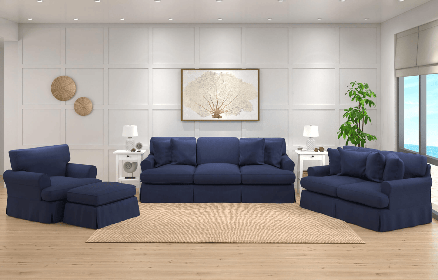 Sunset Trading Americana Navy Blue Box Cushion Slipcovered Ottoman