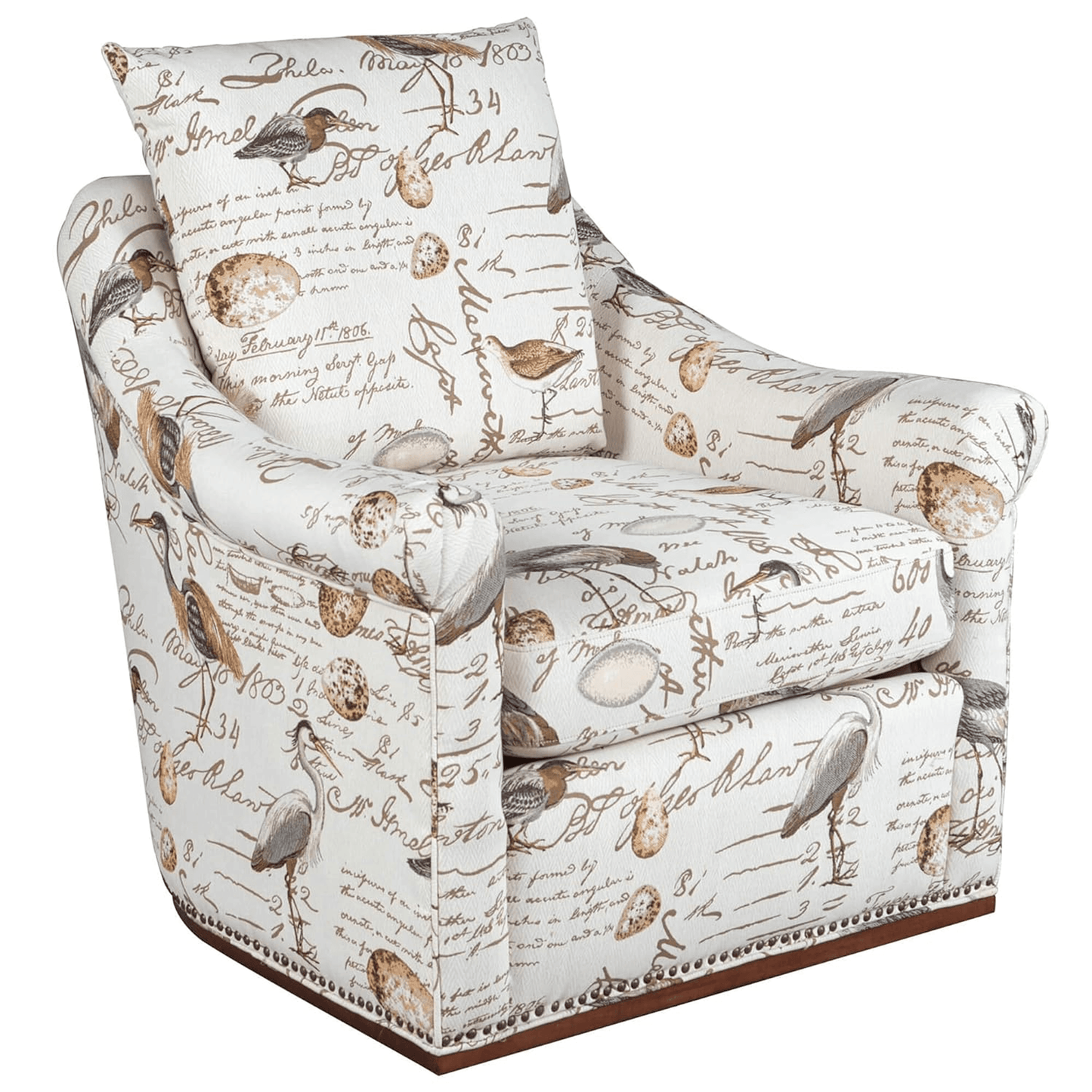 Birdscript Swivel Chair With Nailhead Trim And Rolled Arms