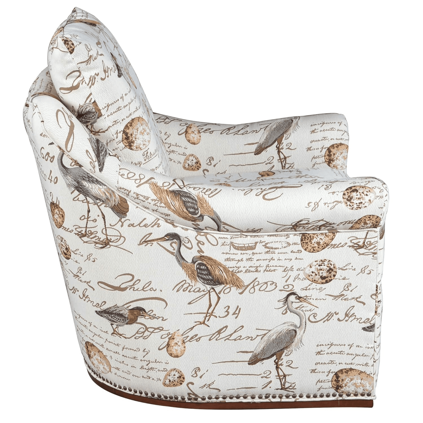 Birdscript Swivel Chair With Nailhead Trim And Rolled Arms