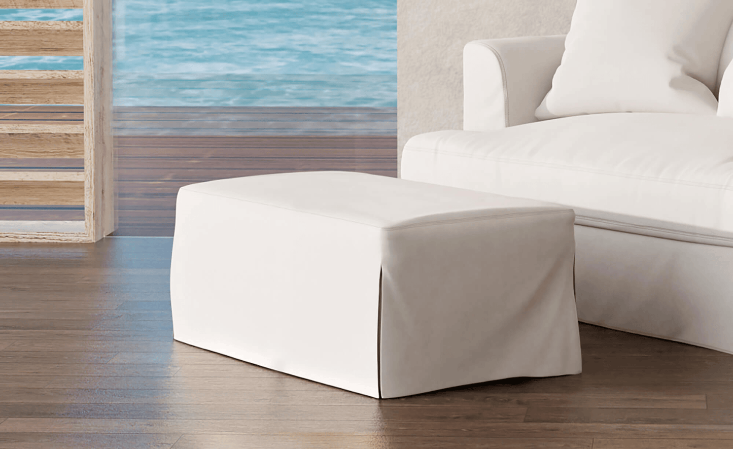 Sunset Trading Newport 44" Wide Slipcovered Ottoman In White – Water-Resistant & Stain-Proof