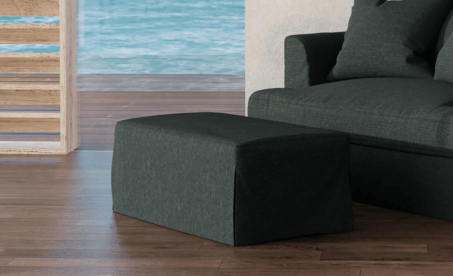 Sunset Trading Newport 44" Wide Slipcovered Ottoman - Dark Gray, Washable & Stain-Resistant