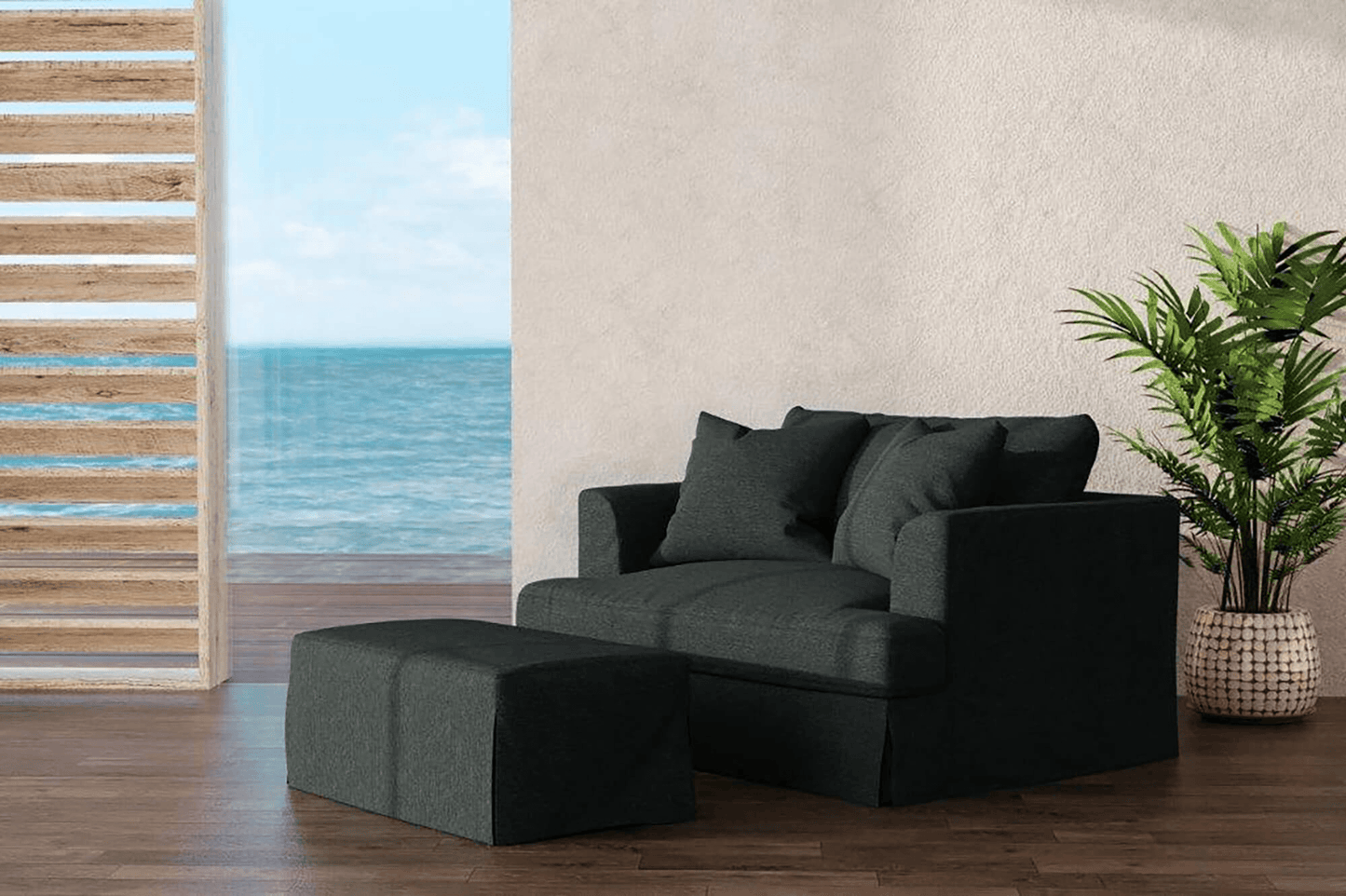 Sunset Trading Newport 44" Wide Slipcovered Ottoman - Dark Gray, Washable & Stain-Resistant