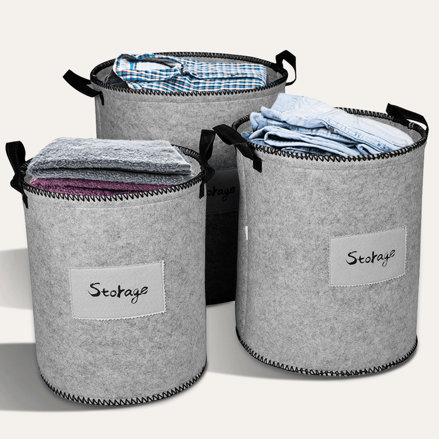 Elegant Gray Felt Laundry Hampers - Set Of 3