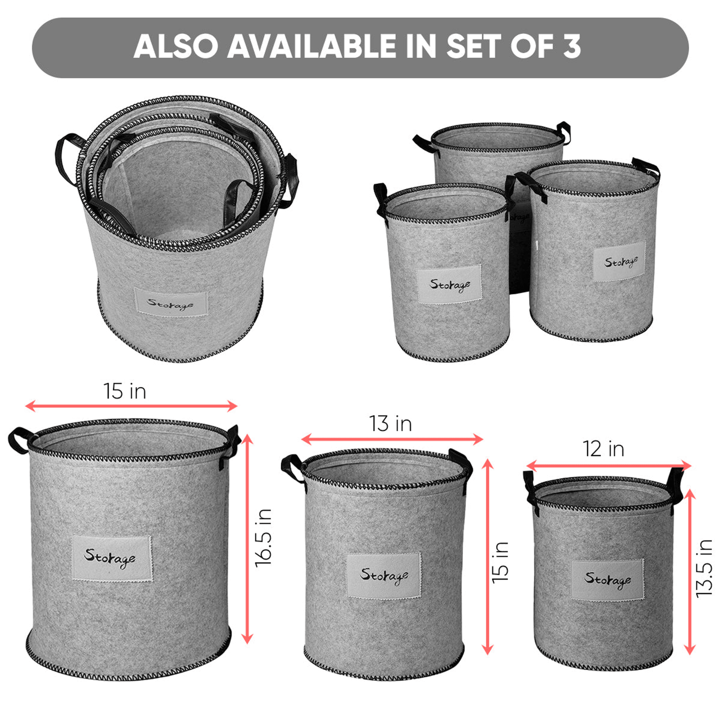 Elegant Gray Felt Laundry Hampers - Set Of 3