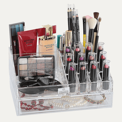 Clear Acrylic Makeup Organizer With 19 Slots And Drawer