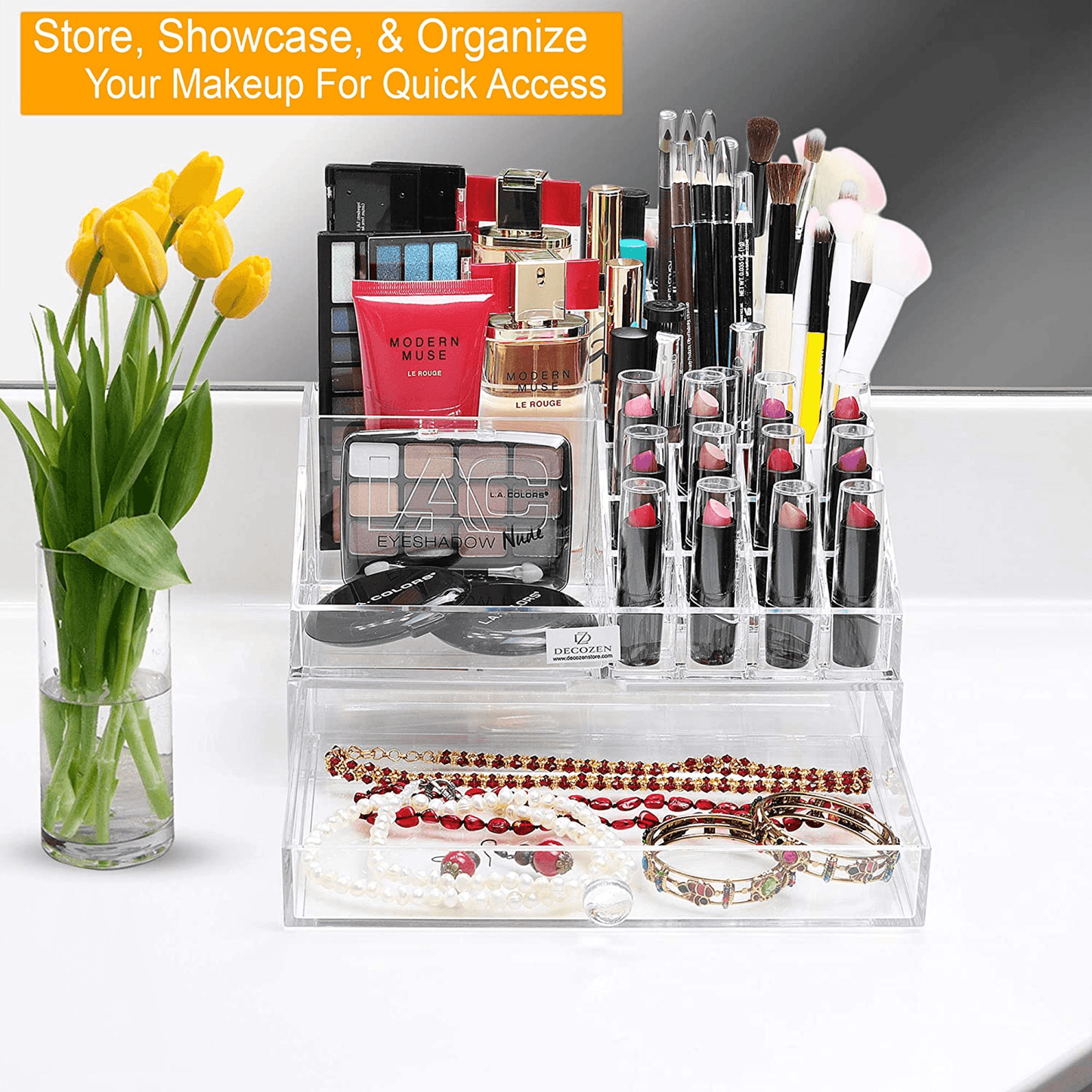 Clear Acrylic Makeup Organizer With 19 Slots And Drawer