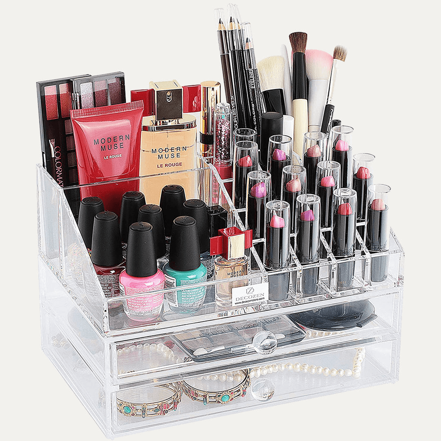 Clear Acrylic Makeup Organizer With 19 Slots And 2 Drawers