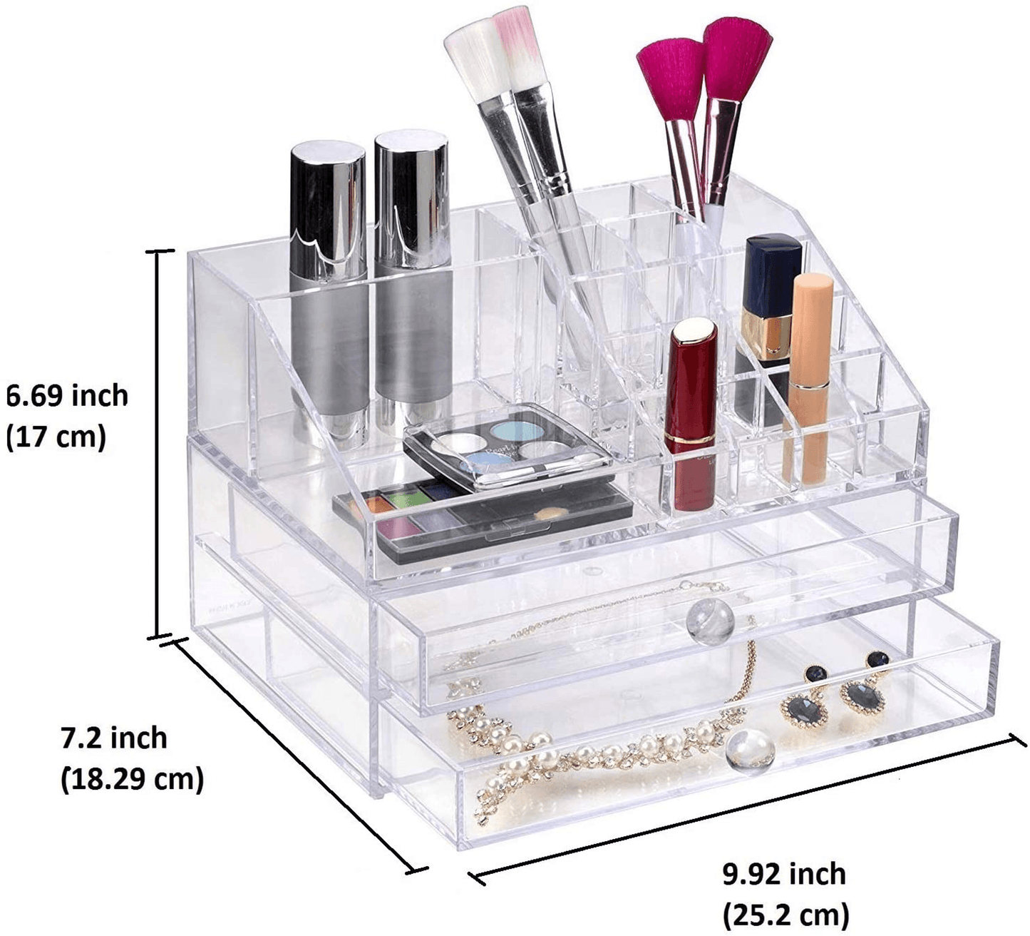 Clear Acrylic Makeup Organizer With 19 Slots And 2 Drawers