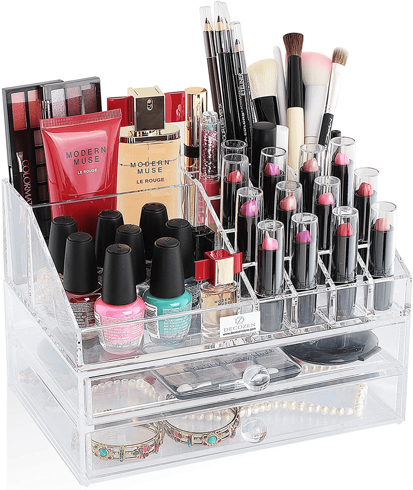 Clear Acrylic Makeup Organizer With 19 Slots And 2 Drawers