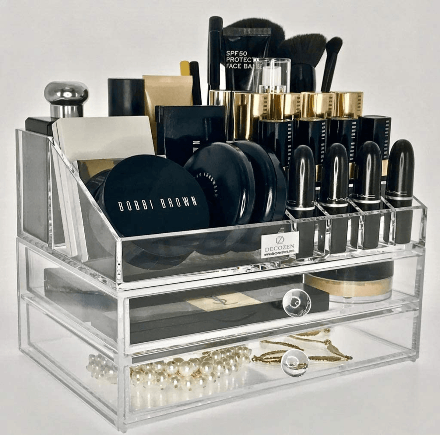 Clear Acrylic Makeup Organizer With 19 Slots And 2 Drawers