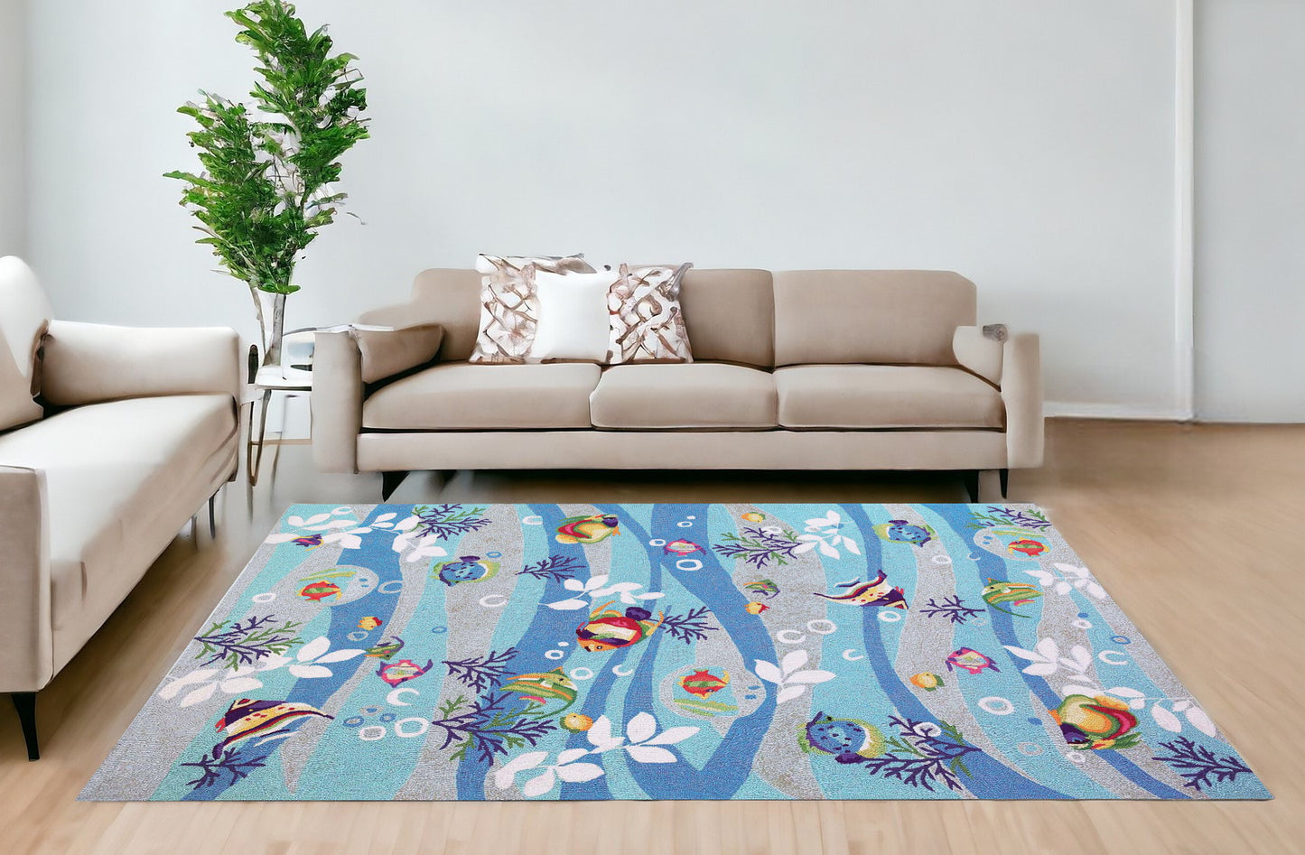 8' X 10' Blue Hand Hooked Marine Life Indoor Area Rug