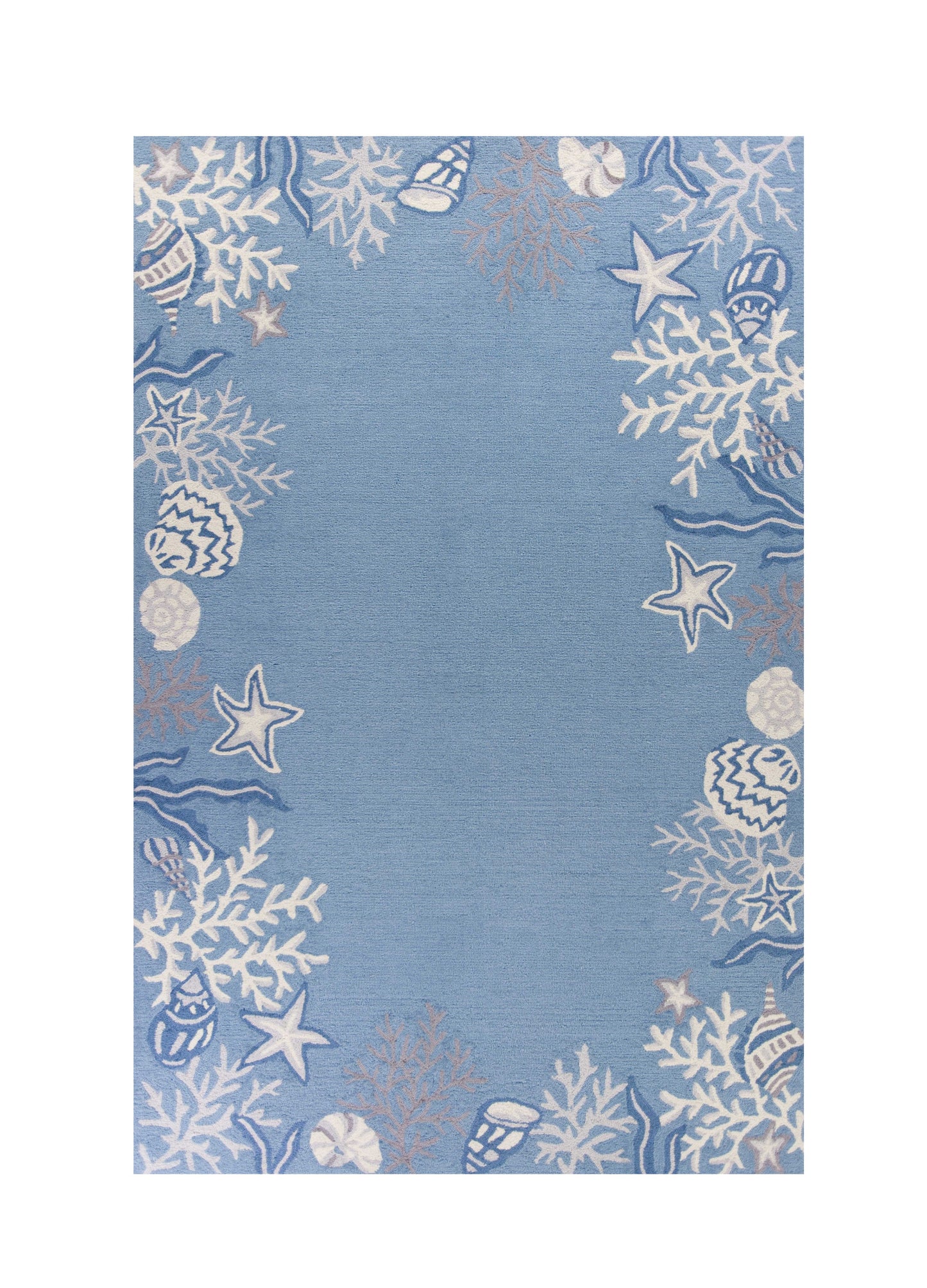 8' X 10' Sea Blue Hand Hooked Bordered Coral Reef Indoor Area Rug