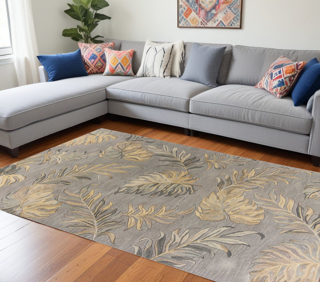 5' X 8' Grey Hand Tufted Tropical Palms Indoor Area Rug