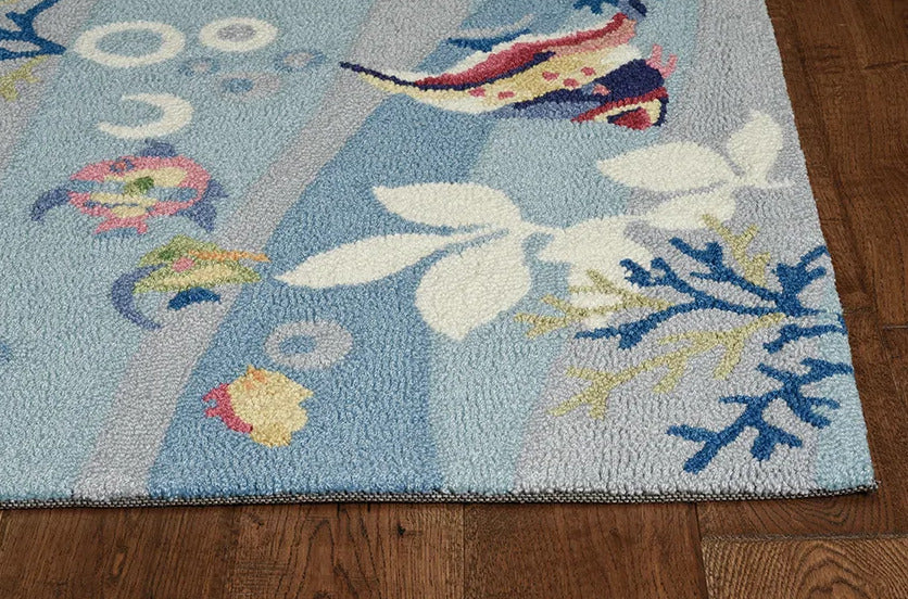 8' X 10' Blue Hand Hooked Marine Life Indoor Area Rug