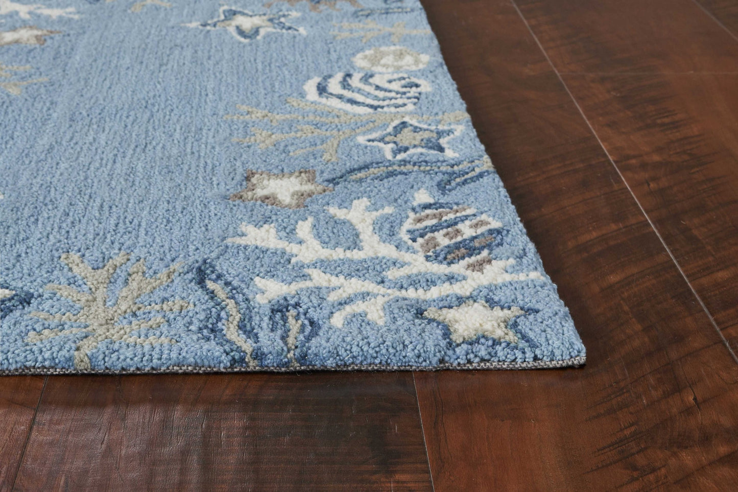 8' X 10' Sea Blue Hand Hooked Bordered Coral Reef Indoor Area Rug