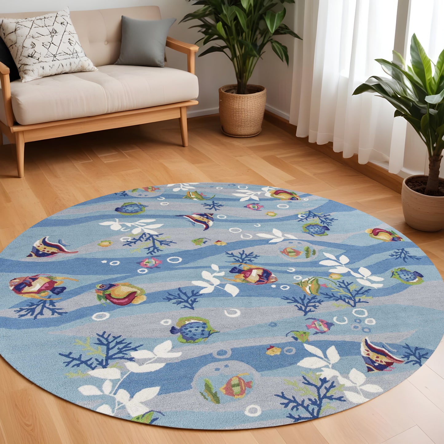 8' X 10' Blue Hand Hooked Marine Life Indoor Area Rug