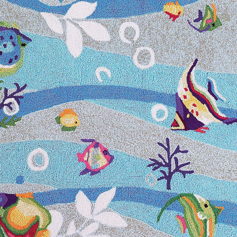 8' X 10' Blue Hand Hooked Marine Life Indoor Area Rug