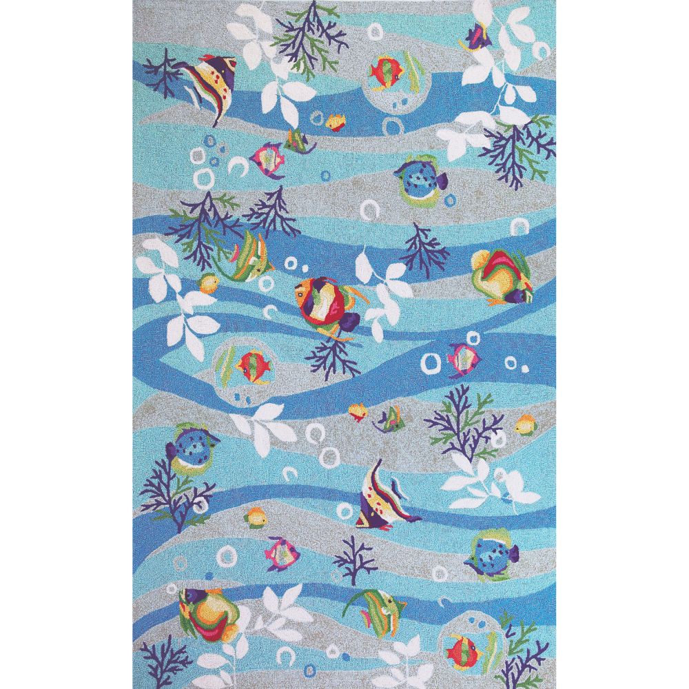 8' X 10' Blue Hand Hooked Marine Life Indoor Area Rug