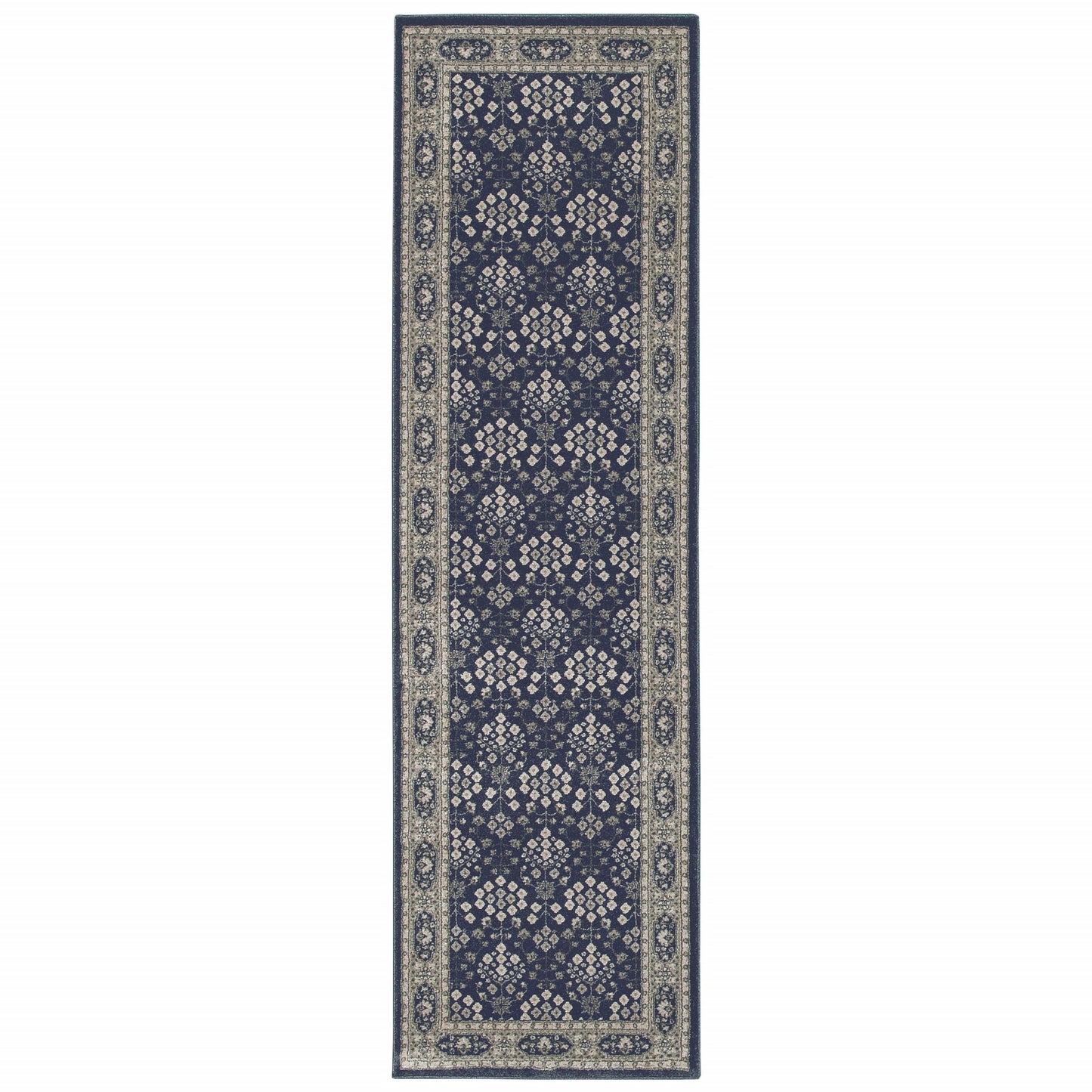 2' X 8' Navy And Gray Floral Ditsy Runner Rug