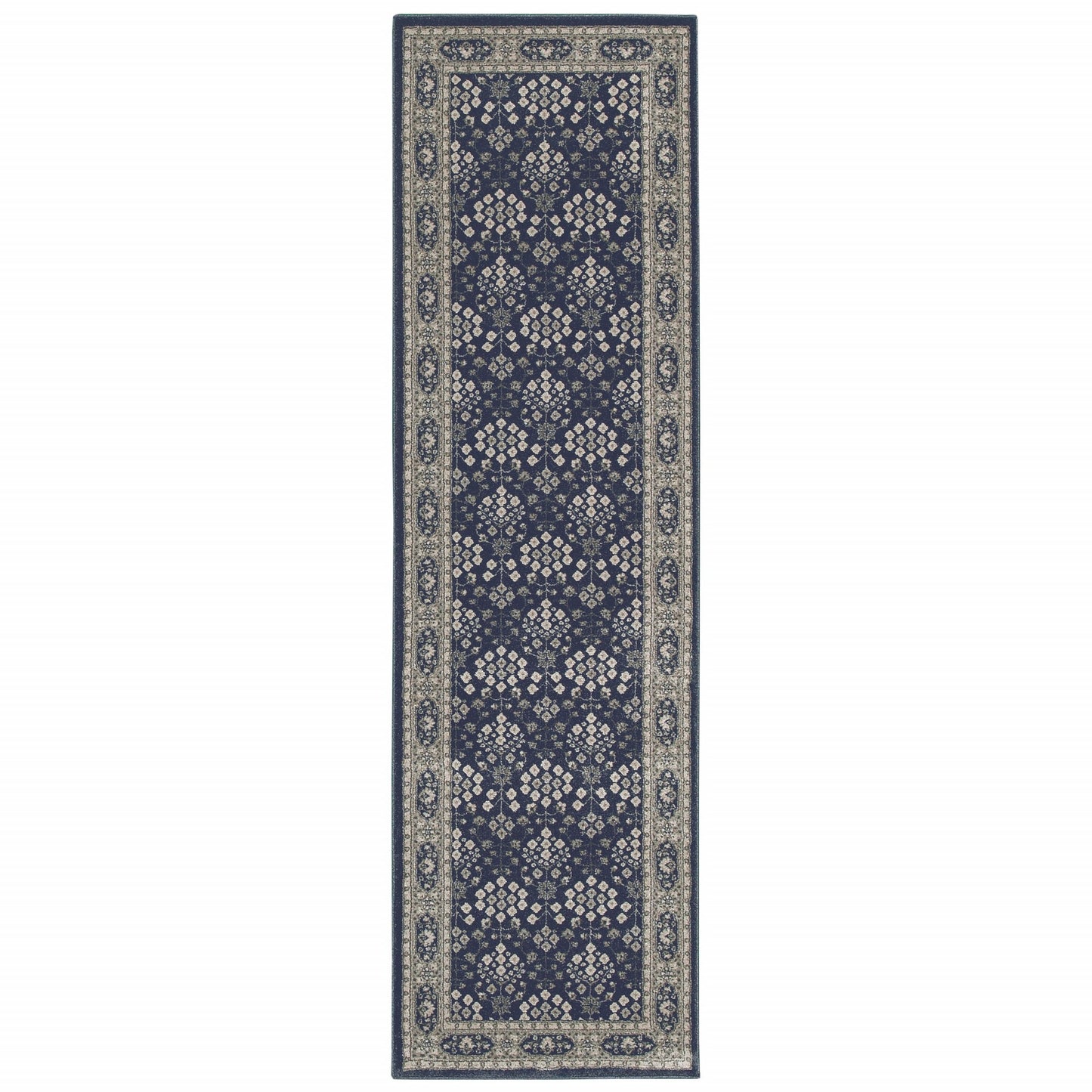 2' X 8' Navy And Gray Floral Ditsy Runner Rug