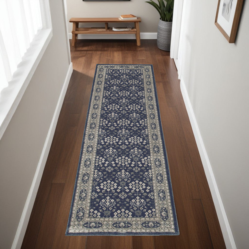 2' X 8' Navy And Gray Floral Ditsy Runner Rug