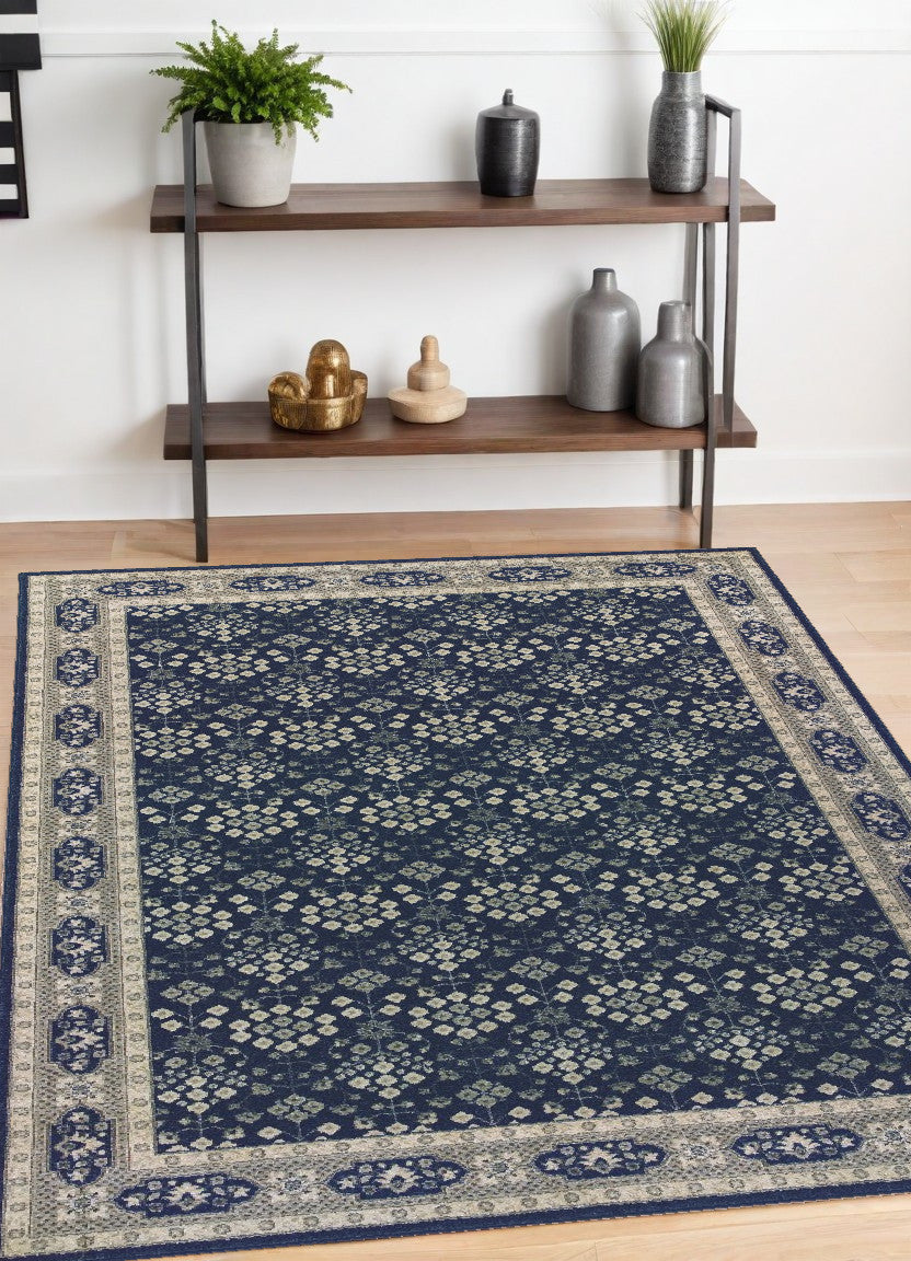 2' X 8' Navy And Gray Floral Ditsy Runner Rug