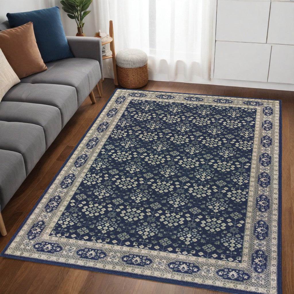 2' X 8' Navy And Gray Floral Ditsy Runner Rug