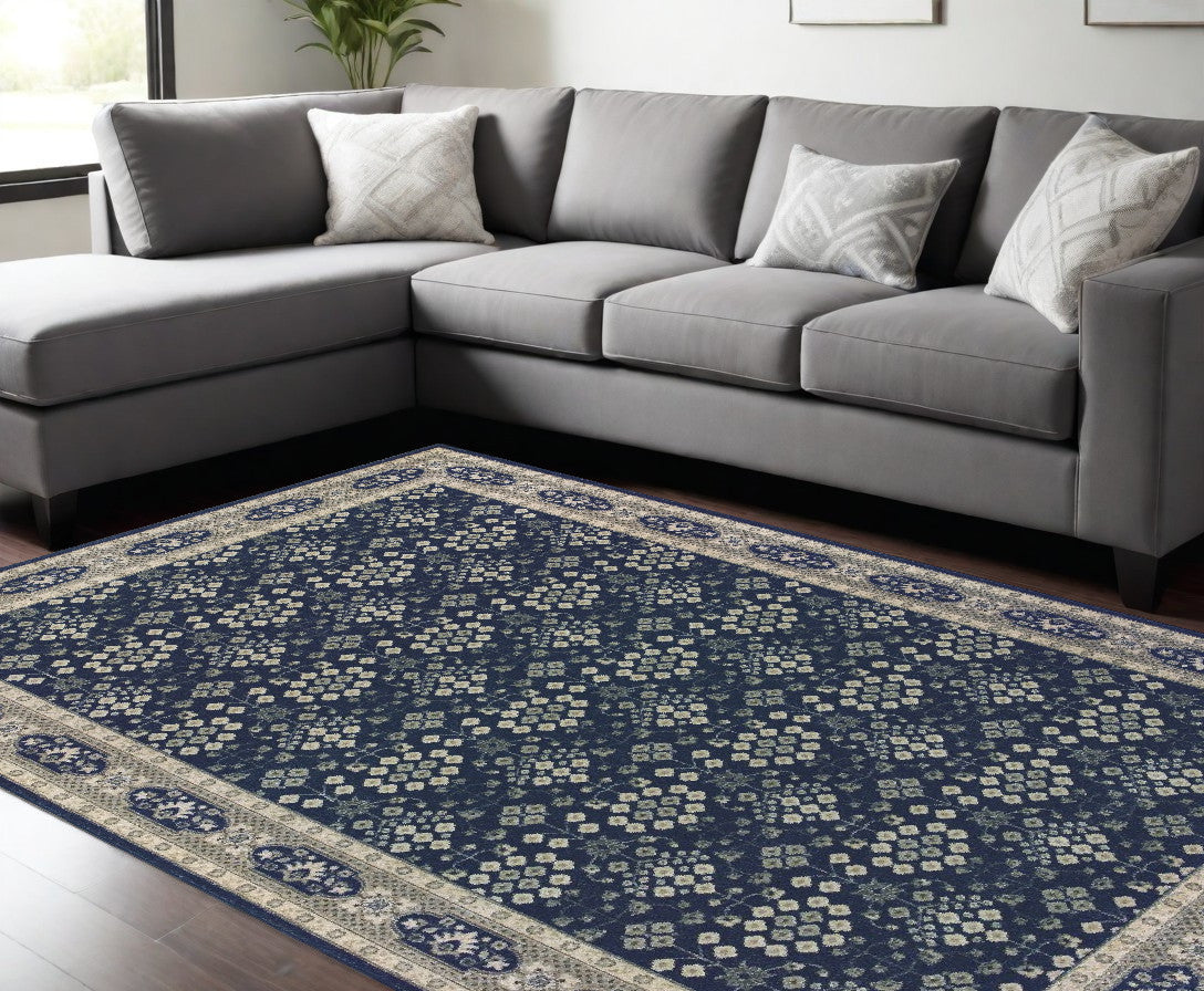 2' X 8' Navy And Gray Floral Ditsy Runner Rug