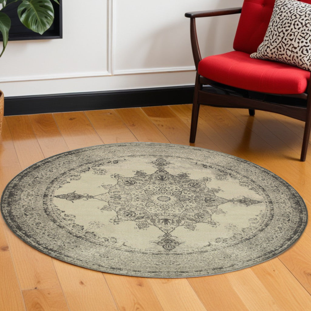 4' X 6' Ivory And Gray Pale Medallion Area Rug