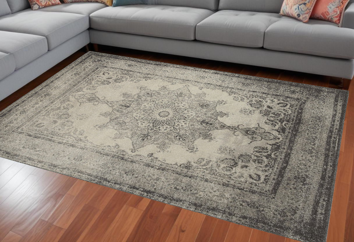 4' X 6' Ivory And Gray Pale Medallion Area Rug